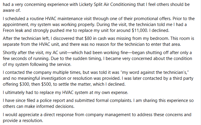 Bad business practice — documentation on file